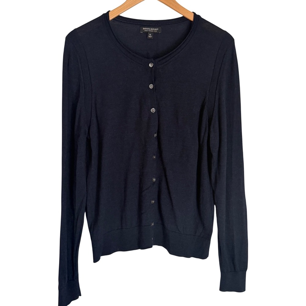Banana Republic Merino Wool Pointelle Cardigan Sweater Womens Size XL Navy Blue - Picture 2 of 11